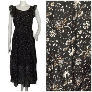 new LE RAGAZZE Maxi Dress, XS, Black, White/brown floral print, Ruffle shoulder